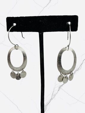Vintage Sterling Silver 925 Hammered Cutout Disc Dangle Earrings Large Hook